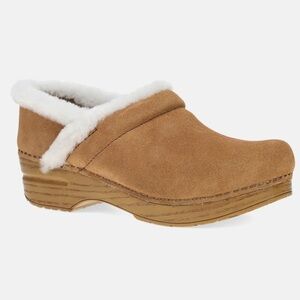 Dansko Tan Suede Clogs with Cream Fur Lining